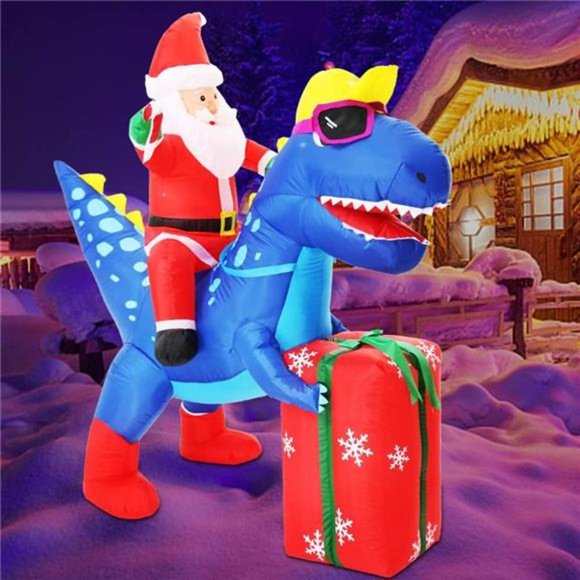 6FT Inflatable Christmas Decorations, Santa Ride Dinosaur with Gift, LED Light